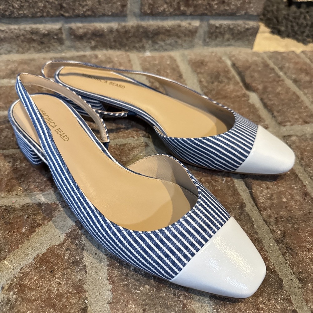 Veronica Beard Cecile Leather Canvas Woman Sz 7.5 Blue Stripe Slingback #705